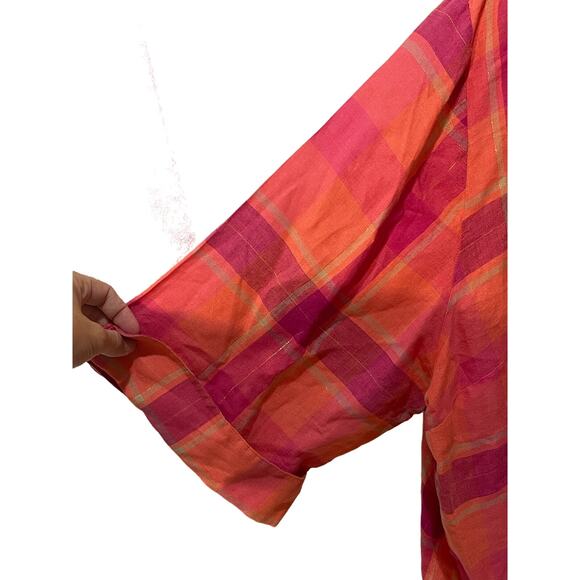 Catherine’s Linen Top Women 5X Pink Orange Metallic Plaid Button Up Lightweight - Picture 4 of 7
